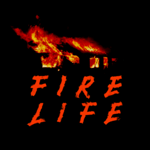 Logo Fire Life. Le nom du groupe en lettres rouge, en dessous d'une maison en feu.