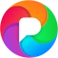 Logo du réseau social PixelFed : un P blanc dans un diaphragme d'appareil photo multicolore